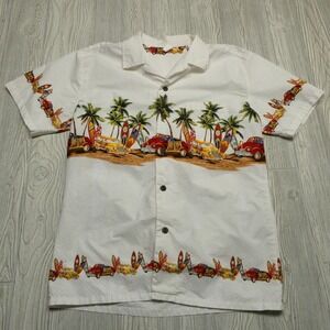 Palmwave Hawaiian Shirt Adult XL White Cotton Button Up Classic Cars Palm Trees